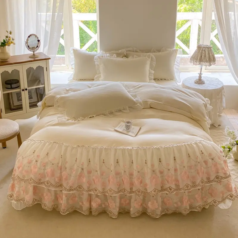 3-Piece PInk Princess Style Lace Decorative Bedding Set, Includes 1 Duvet Cover & 2 Pillowcases, French Romantic Design, Soft Breathable Fabric, Soft Bedding Sets