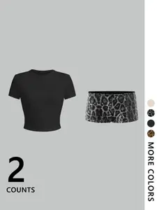 Women's Two-Piece Casual Set, Plain Drop Shoulder T-Shirt and Sexy Sequin Leopard Print Slim Fit Short Pants, Sporty Style, Everyday Outfit