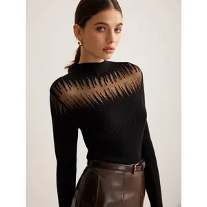 Mock Neck Sheer Panel Knit Top