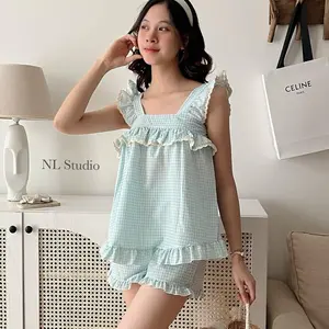 Vietnam Minty ruffles plaid pajamas