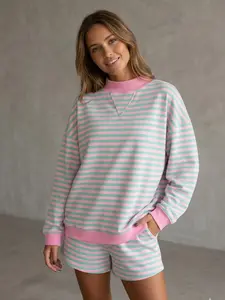 Women's 2 Piece Striped Outfits Casual Crewneck Long Sleeve Sweatshirt and Shorts Matching Sets Summer Vacation Lounge Wear