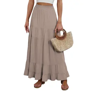 ANRABESS Womens Maxi Skirt Elastic High Waist Swing Tiered A-line Flowy Pleated Boho Beach Vacation Long Skirts