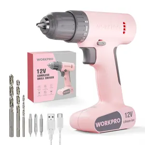 #JumpstartSale WORKPRO Pink Cordless Drill Driver Set, 12V Electric Power Drill Tool Kit with 6 Pcs Bits, 3/8-Inch Keyless Chuck, Variable Speed, 18 Touque Setting, Type-C Charge Cable, Led Light, Pink Ribbon