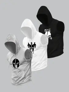 Men's Skull Print Graphic Hooded Tank Top, Regular Fit Casual Sleeveless Top for Summer, Men's Top for Daily Wear, Sweatshirt, Workout Tank Tops