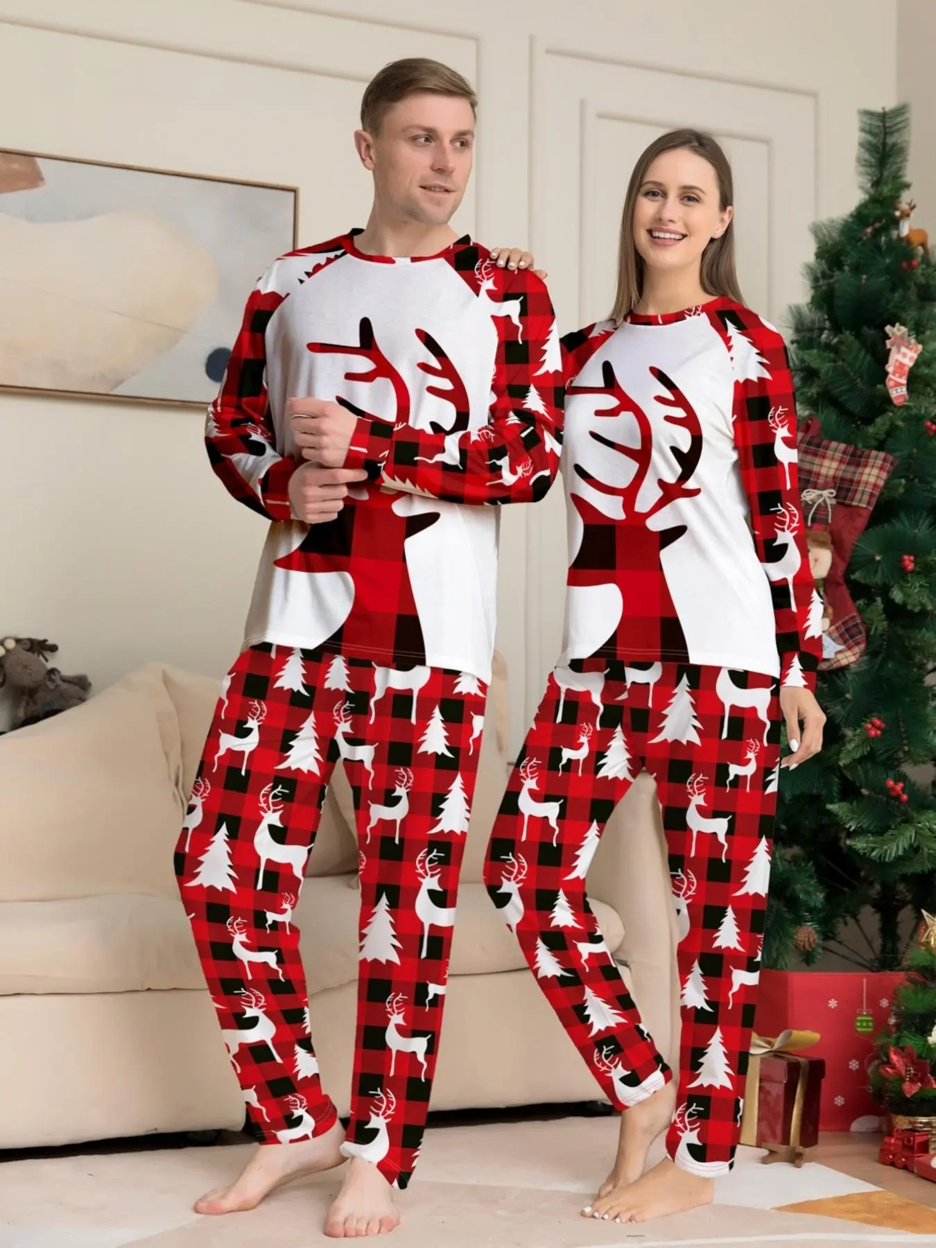 2-Piece Christmas Pajama Set, Family Reindeer Snowflake Print, Casual Fitted Sleepwear for Men Women Kids, All Seasons Home Wear
