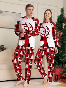 Family Christmas Pajama Set, Two-Piece Cartoon Deer Snowflake Print, Casual Fitted Sleepwear for Men Women Kids, All Seasons Home Wear