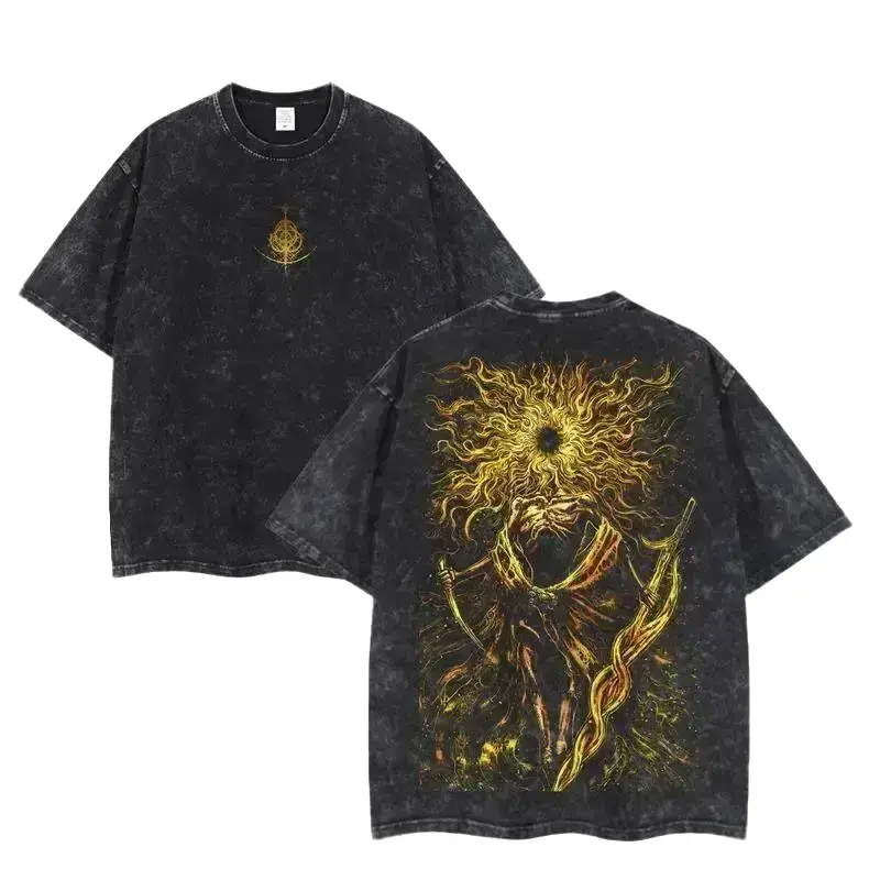 [BT] Vintage Streetwear Graphic Tee for Men, Washed Cotton Lord of Frenzied Flame Print, Lightweight Elden Ring Gift, Graphic T Shirts, Mens Clothing, Beads, Vintage Graphic Tees video game fan clothes
