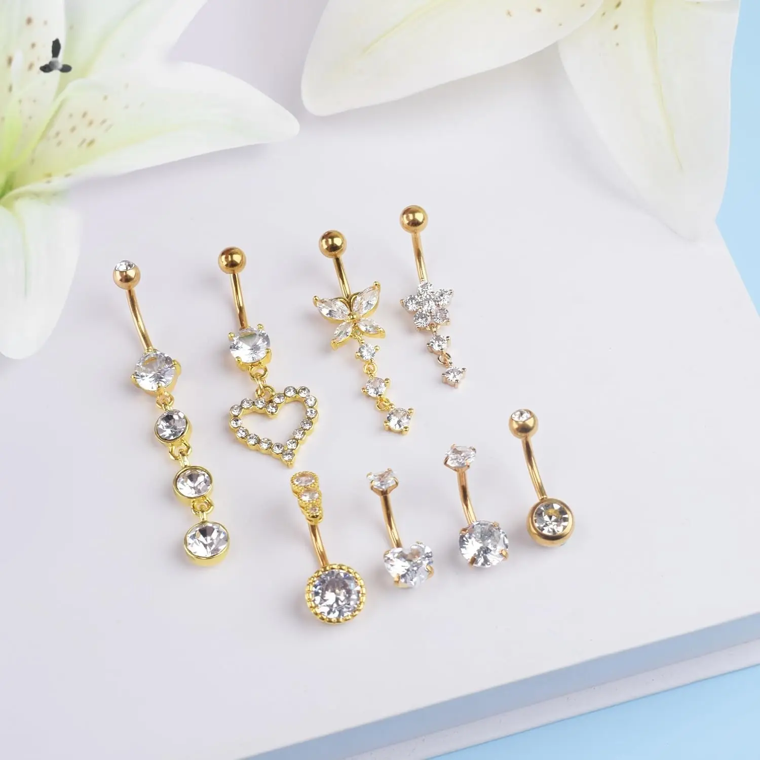 8Pcs 14G Dangle Belly Button Ring Set, Surgical Steel Navel Piercing Jewelry, Golden Fashion Piercings with Butterfly, Heart & Flower Design, Sexy Daily Wear Body Jewellery, Party Gift for Women & Girls