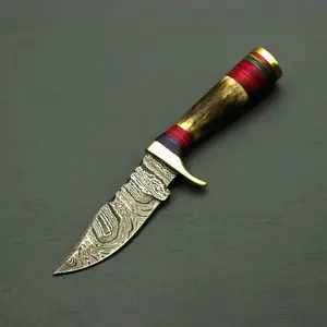 Damascus Knife 6" Inch Fireside Camping & Skinning Tool with StagHandle & Leather Sheath – Best Gift for Him