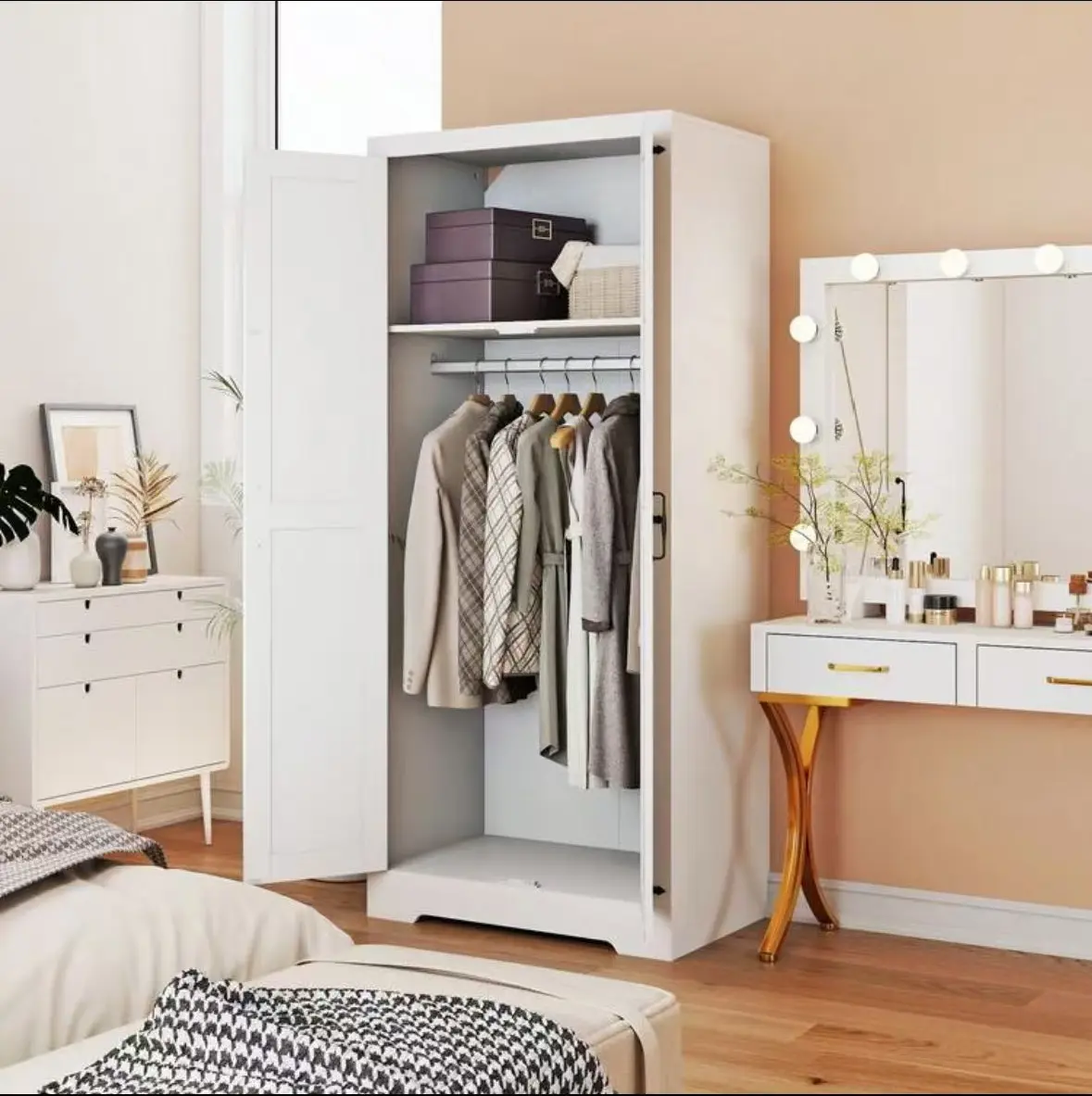 Classic Black 71 In Double-Door Wooden Freestanding Modern Armoire Wardrobe Closet - 31.1-in Door Fit, 48.4-in Coat Hang Space, 15.1-in Hat Storage, Space-Saving, Anti-Tipping, Easy Assembly, Sturdy Base, Ideal for Bedrooms, Apartments