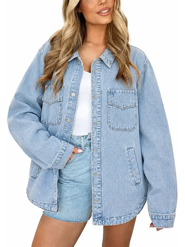 Oversized Light Wash Denim Shirt Jacket for Women, Casual Lapel Long Sleeve Button Down Shacket with Pockets