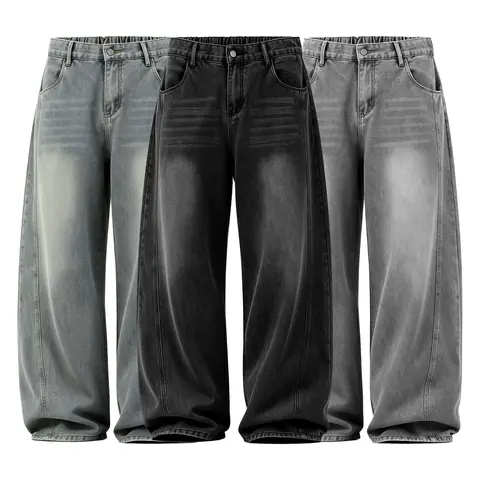 Men's Cotton Blend Baggy Wide Leg Retro Oversized Vintage Wash Jeans Streetwear Denim Pants with Pressed Panel, Hip Hop Casual All Season Men's Clothing