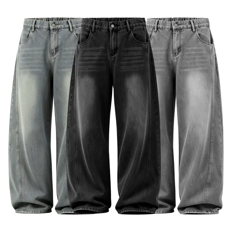 Men's Cotton Blend Baggy Wide Leg Retro Oversized Vintage Wash Jeans Streetwear Denim Pants with Pressed Panel, Hip Hop Casual All Season Men's Clothing