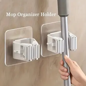 2pcs  mop storage rack, seamless wall mounted organizer mop clip, no need for drilling installation, strong adhesive bathroom storage hook, Home Organizer Hook
