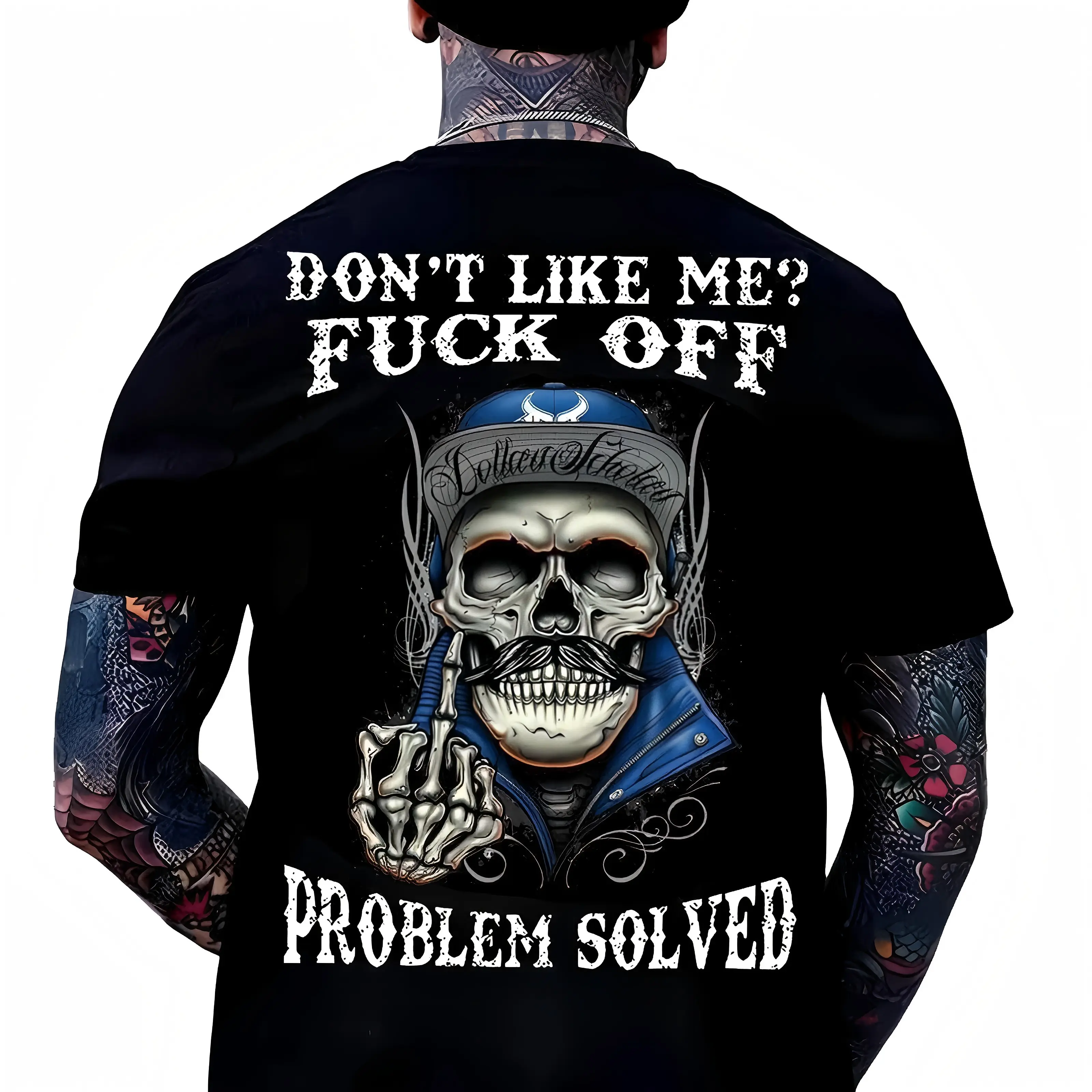Women's Cotton Round Neck Short-Sleeve Tshirt - Retro Vintage Digital Print, Edgy Skull Graphic, Funny "Don't Like Me? Fuck Off Problem Solved" Statement Piece, Breathable, Retro Street Vibe, Romance Valentines Day Casual Top