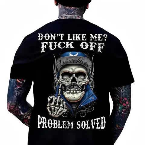 Women's Cotton Round Neck Short-Sleeve Printed Tee - Retro Vintage Digital Skull Graphic, "Don't Like Me? Fuck Off Problem Solved" Statement, Breathable, Sporty Streetwear, Everyday Casual Top
