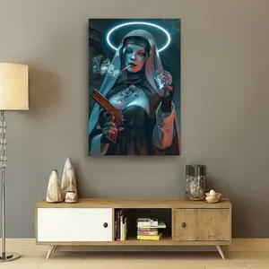 1 Piece Wooden Frame Fashionable Humorous Nun Canvas Poster, Halloween Decoration, Office and Bar Decoration Room Ornaments
