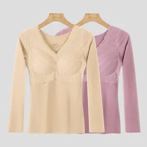 Women's Solid Contrast Lace Thermal Underwear Top, Casual Comfy Warm V Neck Long Sleeve Top for Fall & Winter, Women's Thermal Underwear for Daily Wear