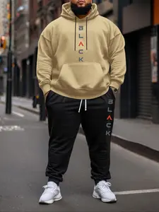 【Plus Size】 Letter Print Hoodie & Sweatpants Set, Casual Long Sleeve Hooded Sweatshirt & Jogger Pants, Men's Two-piece Outfits for Fall & Winter, Menswear Clothes