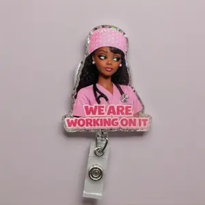 Funny We Are Working On It Sparkly Retractable Badge Reel Cute Acrylic ID Holder For Work Besties Nurses Healthcare Coworker Team Gift