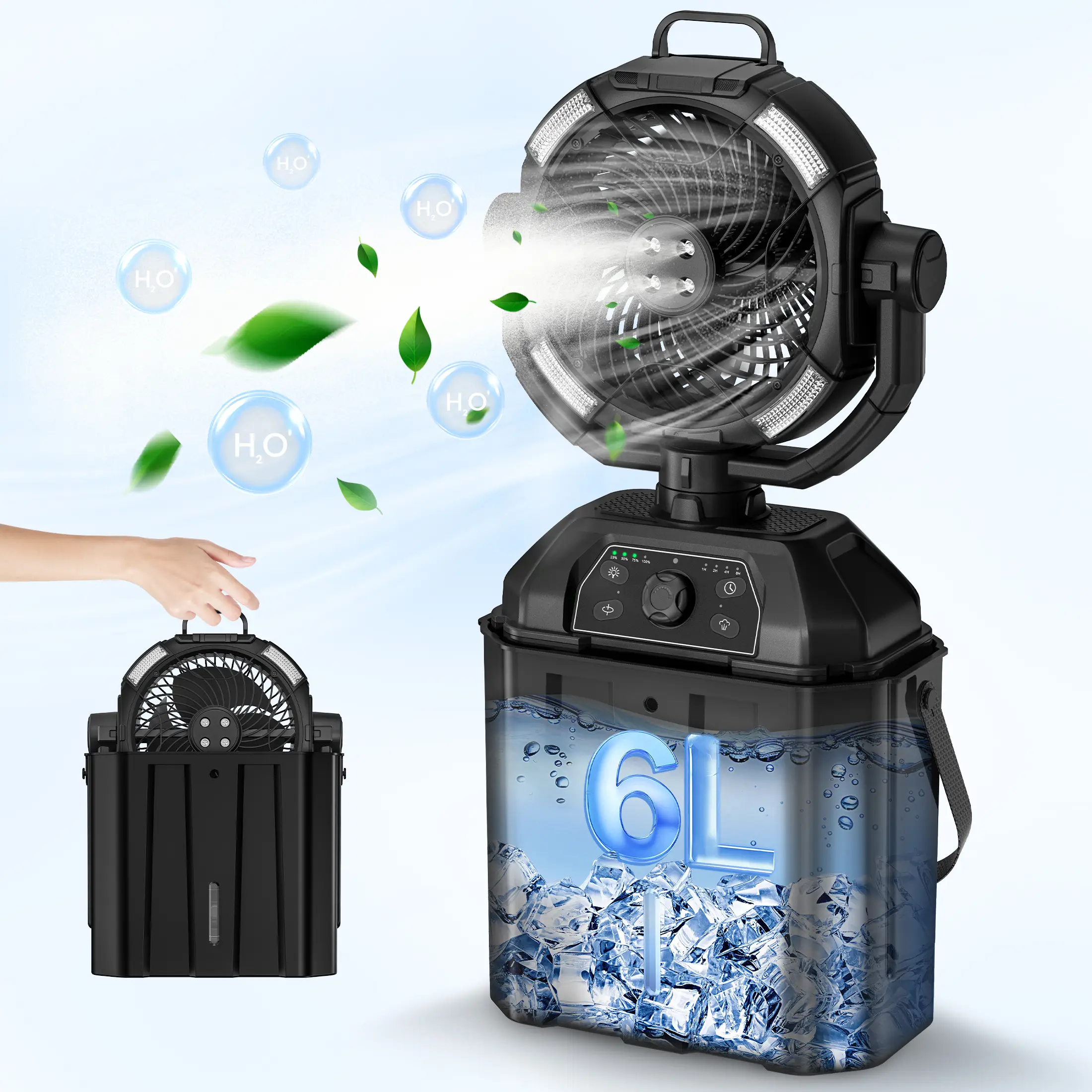 YoungSa Portable Camping Misting Fan with 6L Bucket 32000mAh Rechargeable Multifunction Fan,Infinitely variable speed,4 Spray Mister with LED Lantern,