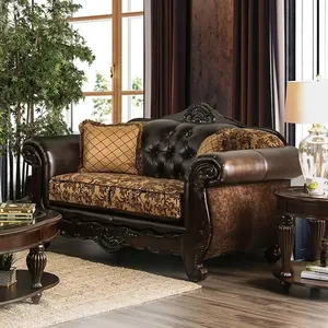 SM6417 Quirino Tan/Dark Brown Traditional Sofa & Love Seat Set with Carved Wood Accents for Elegant Home Interior Design Classic Furniture