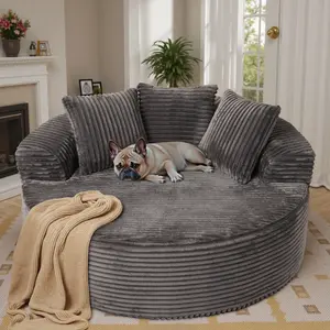 59"W Oversized Round Sofa Bed - Modern Boneless O-Shape Chaise Lounge, Lazy Bean Bag Chair, Deep Seat Couch with 3 Pillows, Plush Corduroy Fabric, No Assembly Required