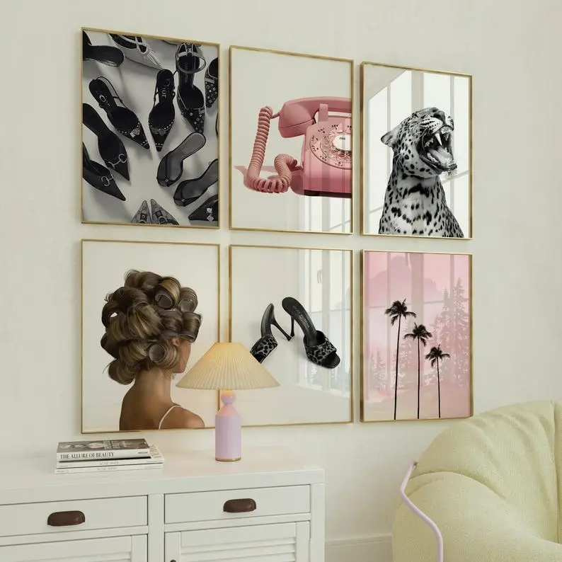 Retro Stockholm Y2k Pink Cheetah Gallery Wall, Pack of 6 Girly Leopard Poster Bundle, Aesthetic Dorm Room Decor