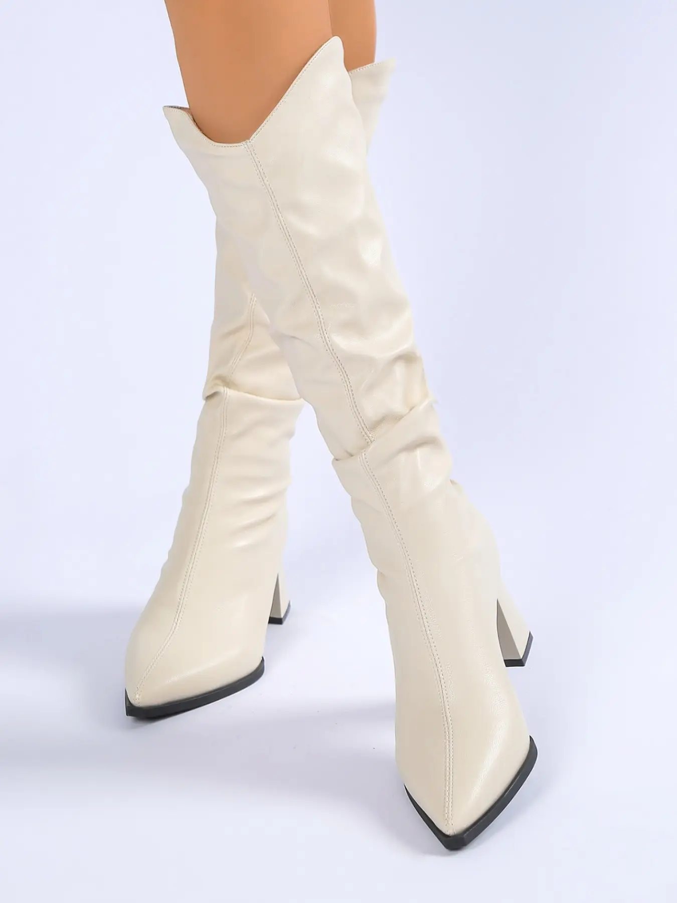 New Pointed Toe Thick Heel Stack Boot, V-Neck Western Style Tall Boot, Slimming and Leg-Lengthening Knight Boot, Above Ankle Below Knee, Boot Heels