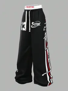 Men's color-blocked graffiti wide-leg sweatpants, Athleisure pants, street sporty style, light exercise, trendy, suitable for back to school, sports, commuting, outdoor activities, rappers, street dancers, and holiday gifts