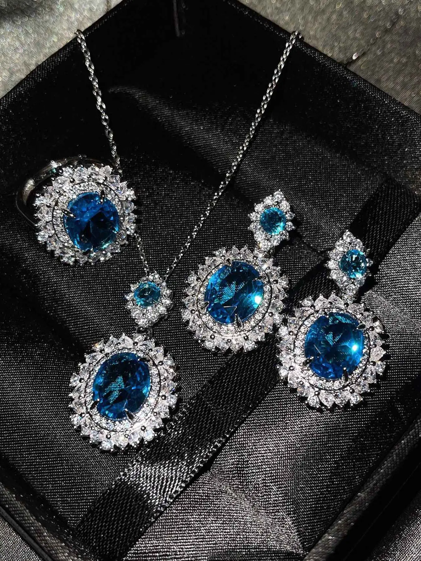 Colorful Cubic Zirconia Jewelry Set - Pink, Blue, Yellow Crystal Necklace, Earrings & Ring Set, Glamorous Party & Wedding Accessory for Women