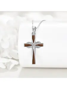 Handcrafted Wood Inlay Cross Necklace for Women Men, Stainless Steel Religious Pendant with Unique Twisted Design, Spiritual Christian Jewelry Gift for Baptism Easter