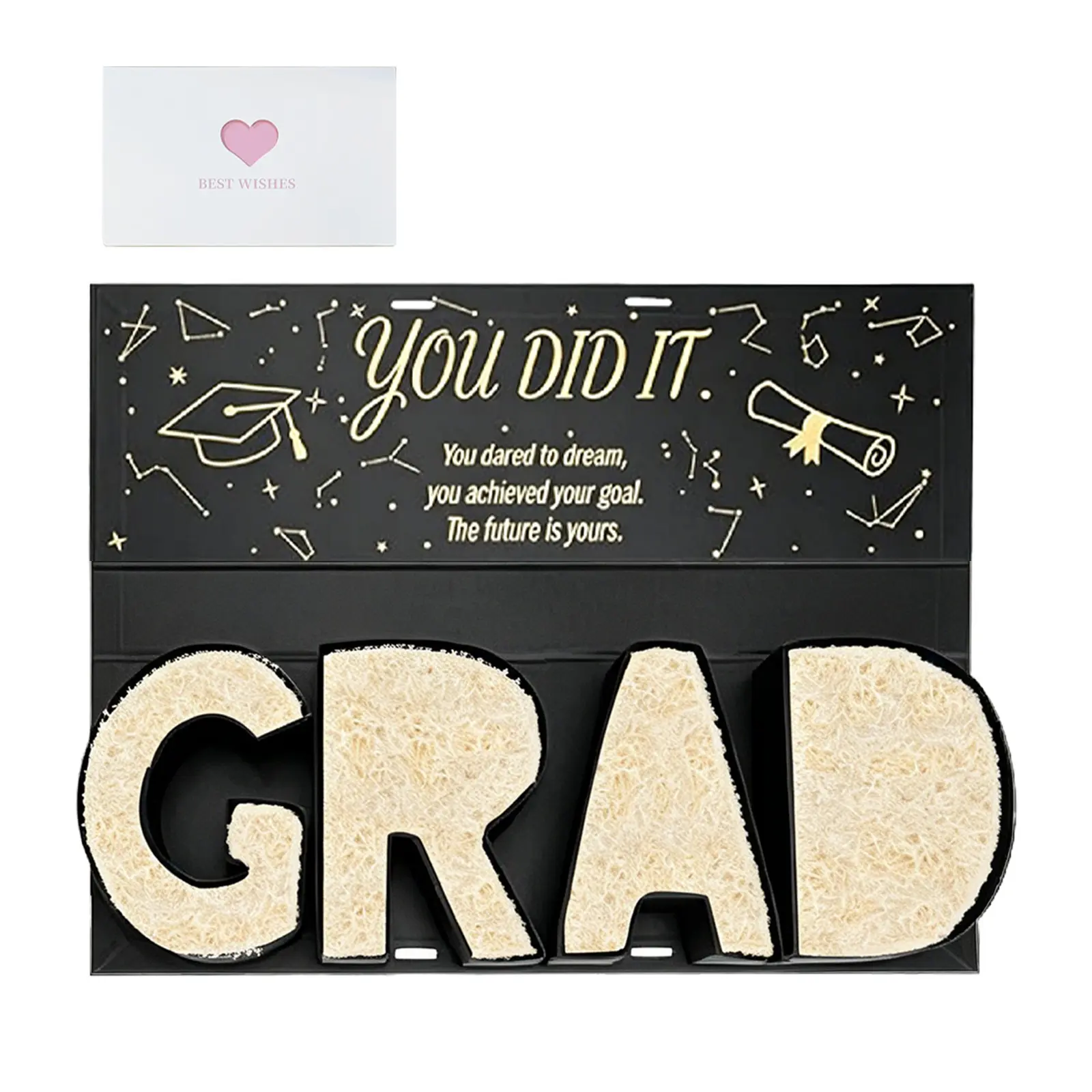 Graduation Gift Box, Elegant Gift Box, 16.42'x5.51'x1.5', GRAD Letter Shaped Fillable Cardboard Box for Graduation Gifts, Snacks, Includes Ribbon Card and Raffia Grass, Graduation Gift Ideas Boxes, Graduation Decor for High School or College Grads