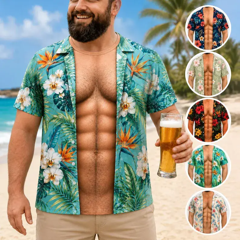 Custom Funny Muscle T Shirt for Men, Hawaiian Shirt Illusion Tee, Personalized 3D Fake Open Shirt, Too Hot To Handle Summer Vacation Gift