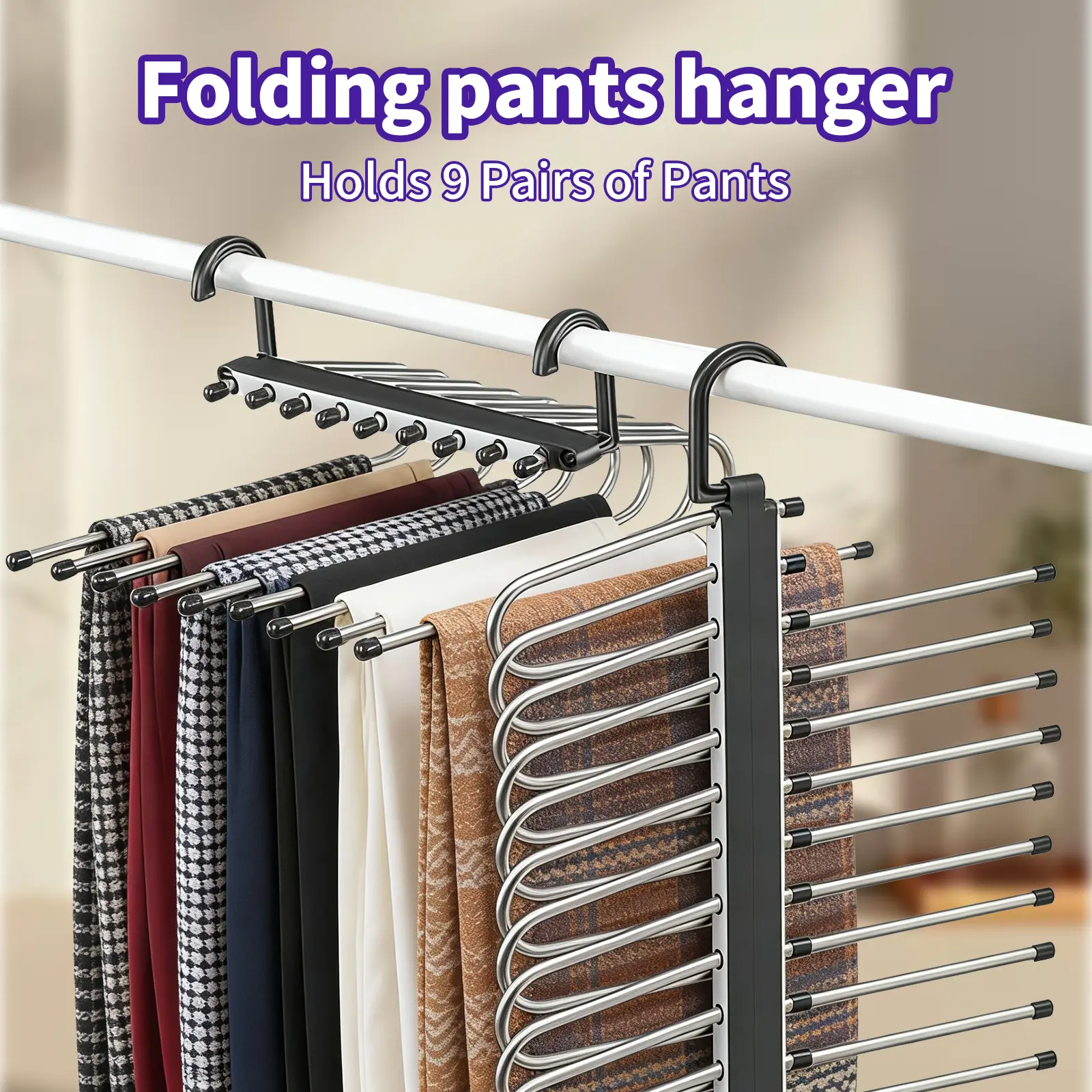 9-Tier Foldable Black Durable Metal Pants Hanger - Stainless Steel Folding Hangers, Home Organizer for Jeans, Leggings, Trousers, Dresses - Space-Saving Closet Storage for Bedroom, Balcony