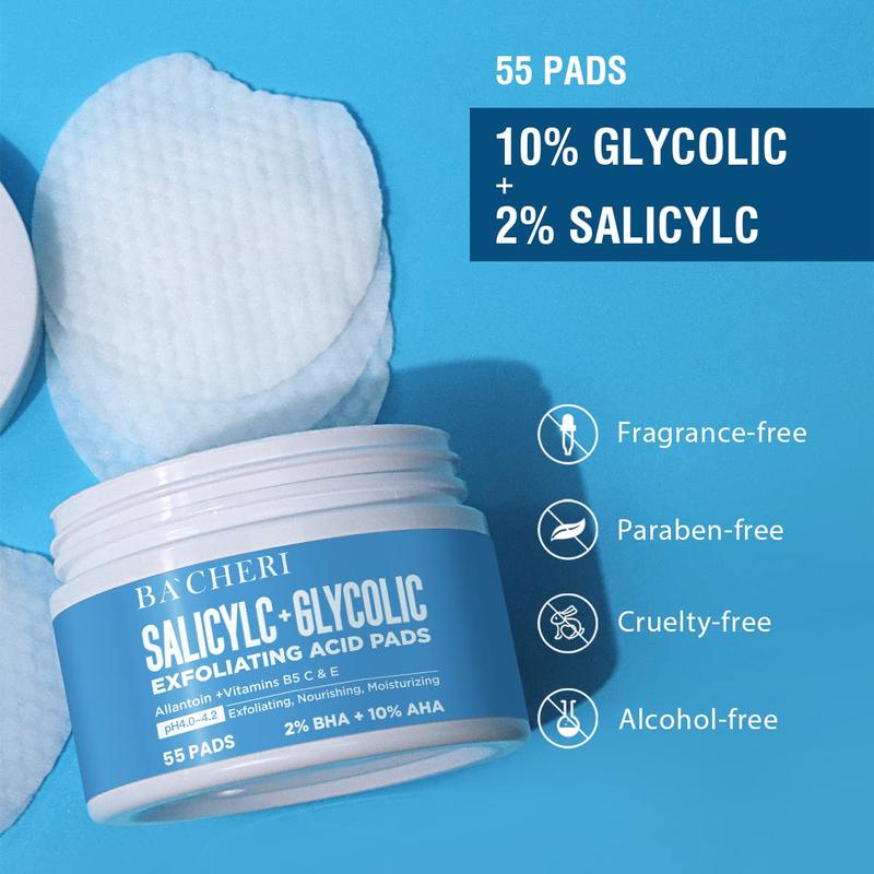 10% Glycolic Acid + 2% Salicylic Acid Peel Pads - BACHERI Resurfacing Pads For Face with Vitamins B5, C & E, Allantoin - Exfoliating Facial Peel for Dark Spots, Blackhead, Acne, 55 Pcs
