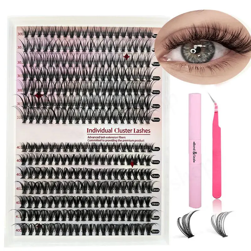 DIY Dragon Lashes Kit - Wispy Hybrid 30D/40D Natural Enlarging Effect False Eyelashes, 12/14 Rows with Glue and Tweezers, for Brighter, Captivating Eyes