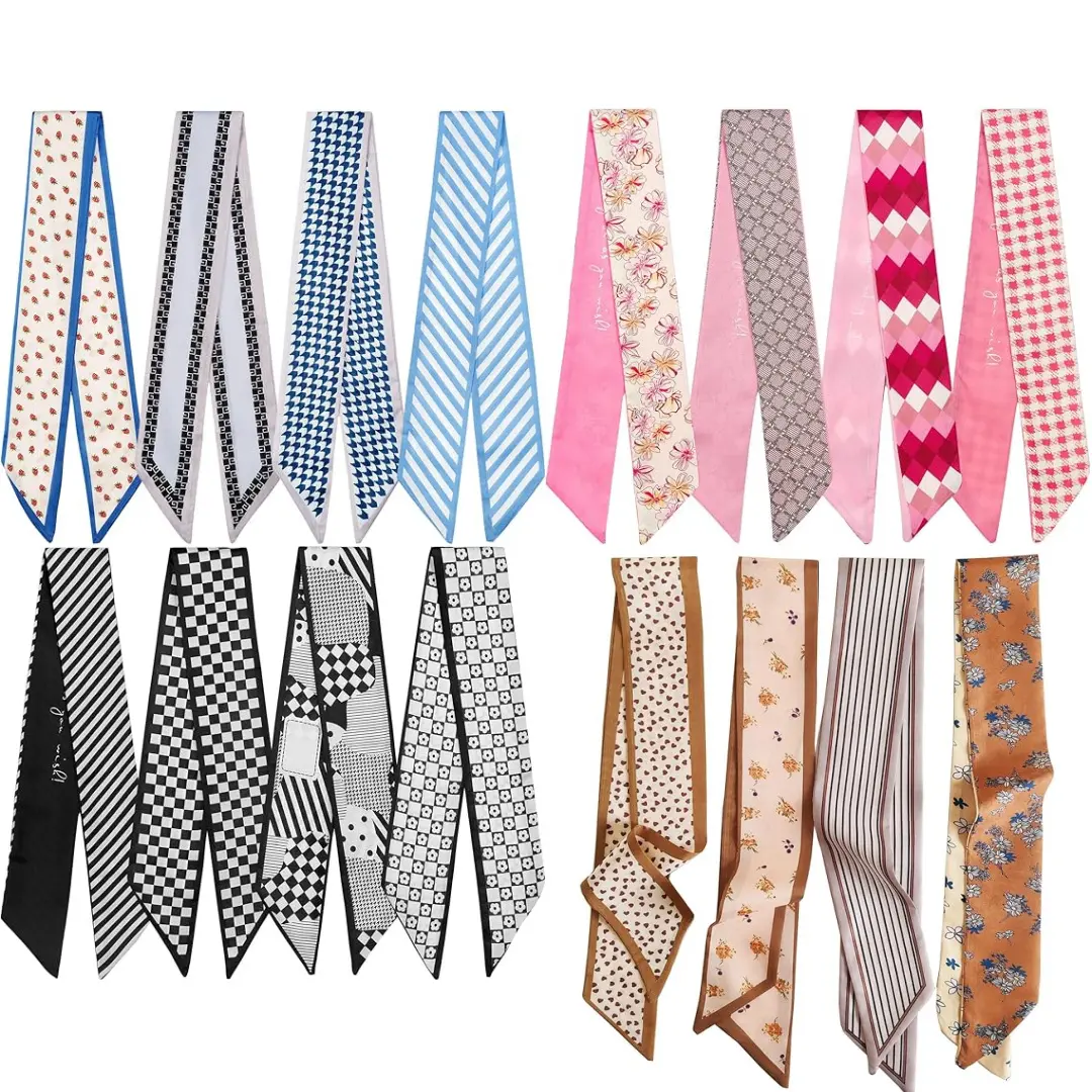 16pcs Lightweight Satin Women Fashion Scarf Set- Trendy Boho Narrow Neck Wrap Hair Ribbon Handbag Decoration Gift for Her-005