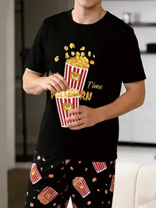 Short Sleeve Popcorn Bucket Print Top, Casual Fitted Sleepwear Set, Comfortable Home Wear for All Seasons, Stylish Loungewear