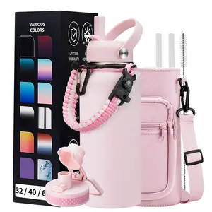 32/40/64 OZ Water Bottle with Straw - Spout Lid, Kepp Cold-48H Hot-24H, Insulated Water Bottles with Strap Carrier Bag, Paracord Handle, Protective Boot, Leakproof Metal Hydro Water Flask