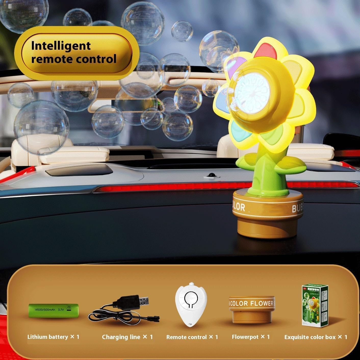 Sunflower Bubble Machine, roof Remote Control Bubble Machine, can Shake with Light, Suitable for Cars, Electric Cars, Bicycles