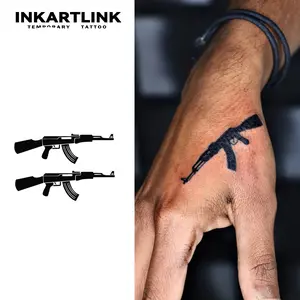 INKARTLINK Tattoo Tech, 2 Sheets Semi-Permanent Temporary Tattoos ,Gun-AK47,Adult Art Design,Lasts 1-2 Weeks, Waterproof, Realistic Look, No Adhesive, No Reflection,For Man And Woman,Ideal for Swimming, Party