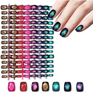 210pcs Cat Eye Press on Nails for Women 7 Colors Glossy Glitter Black Hole Short Square Reusable Nail Tips in 15 Sizes Long Lasting Salon Fake Nails Stick - Galaxy Chameleon
