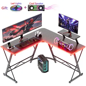【With Cool Speaker】Mr IRONSTONE L Shaped Gaming Desk with Led Lights and Speakers, Corner Computer Desk with Carbon Fiber Surface, Home Office Desks Writing Workstation with Large Monitor Stand, Cup Holder, Headphone Hook, Easy to Assemble