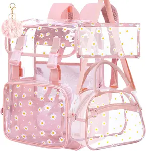 3 count Pink Clear Backpack, Heavy Duty Transparent Bookbag for Girls Women, Stadium Approved See Through Backpack with Lunch Box (Pink Daisy)