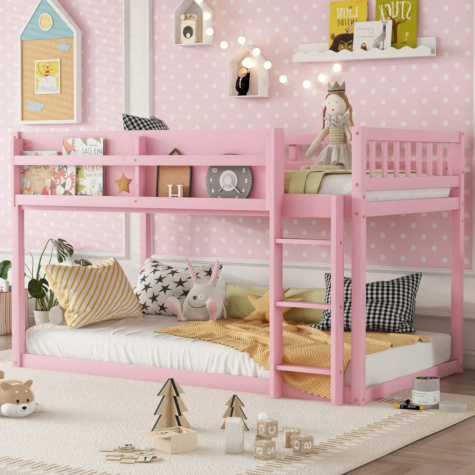 Single Low-Rise Solid Wood Modern Twin Size Bedroom Bunk Bed, Includes Ladder, Requires Assembly, No Fire Safety Label