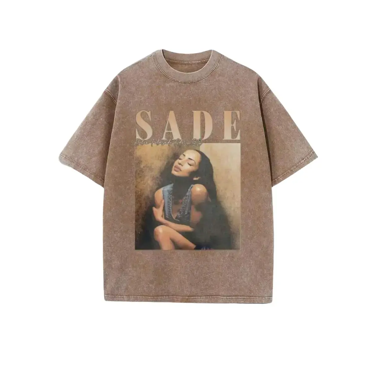 Men's Vintage Sade Graphic Acid Wash Brown Oversized Short-Sleeve Cotton T-Shirt - 90s Retro R&B Music Merch, Grunge Casual Streetwear Top with Acid Wash Fabric, Tshirt, Shortsleeve, Loose, Menswear, Print, Tee, Round Neck Crewneck Denim, Vintage Graphic,