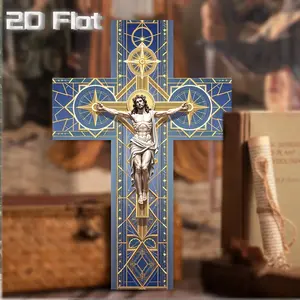 1 Pcs Vintage Church Wall Cross - 2D flat recycled wood pendant, blue gold tones, 20.32x30.48 cm religious home decoration, suitable for Easter, prayer rooms, holiday decorations, stained glass effects, exquisite pattern design
