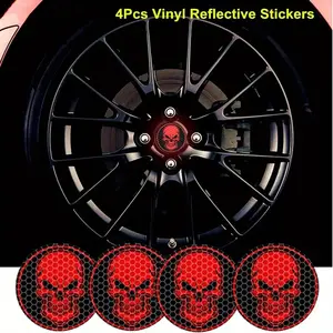 4Pcs High-Intensity Reflective Horror Skull Car Wheel Center Stickers, Automotive Self-Adhesive Vinyl for Car Wheel Rim Decals, Night Driving Safety Warning Sign Exterior Accessories