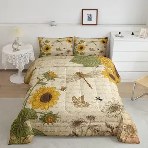 Dragonfly Bedding Sets,Botanical Floral Comforter Set,Sunflower Style Duvet Insert,Wild Animals Dragonfly Field Floral Natural Spring Quilt Set